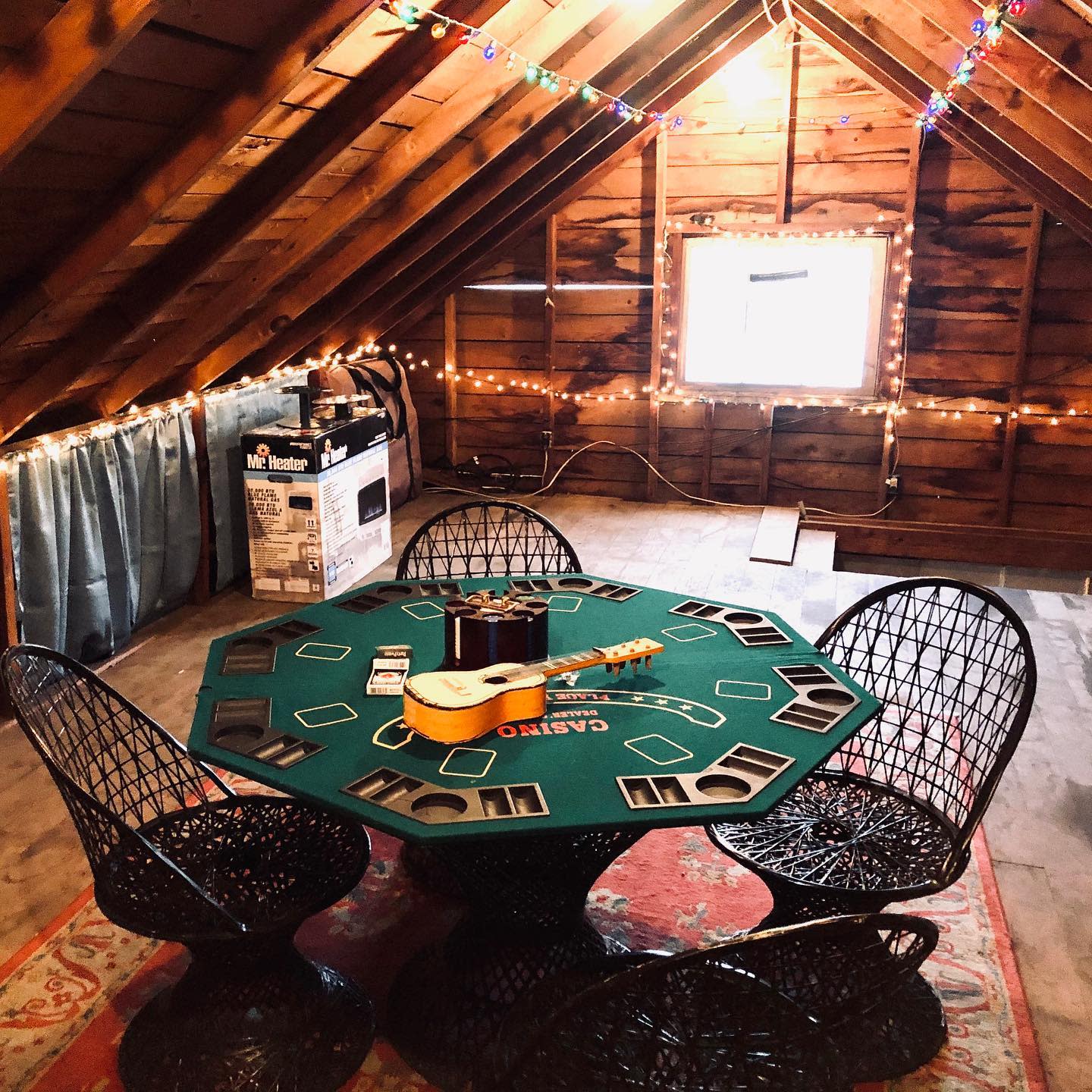 poker room in loft fairy lights 